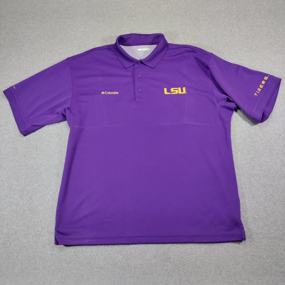 LSU Columbia PFG Polo Shirt Mens Large Purple Embroidered Logo Vented Outdoor